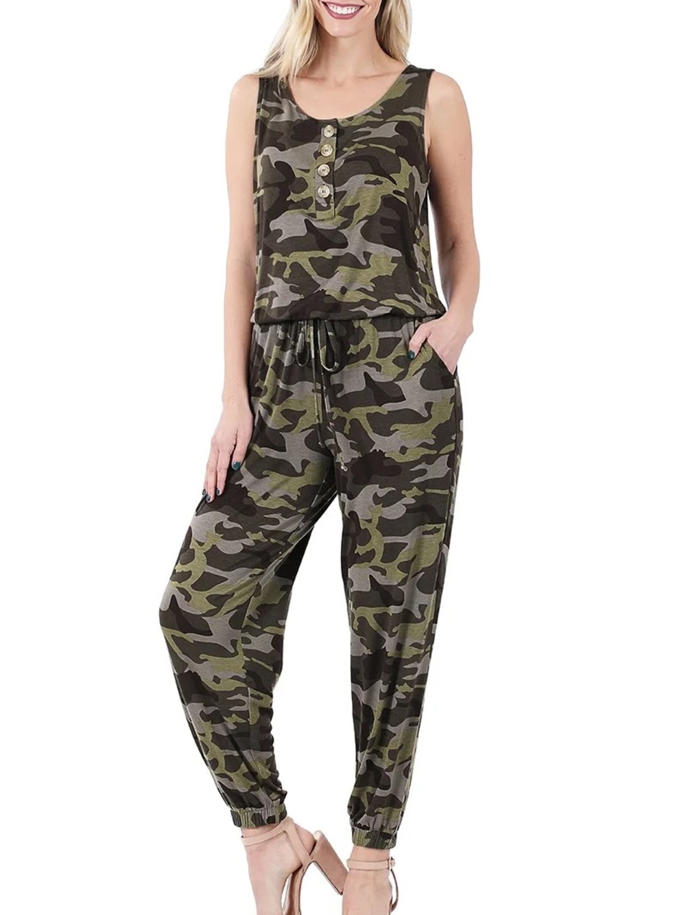 NWOT SIZE 2X Zenana Outfitters Olive & Dark Green Camo Sleeveless Jumpsuit
